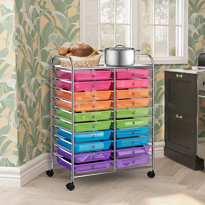 COSTWAY 20-Drawer Rolling Storage Cart, Utility Storage Organizer Cart | For Tools, Scrapbook, Paper, Craft, Multipurpose Storage Trolley on Wheels for Home Office School (Rainbow)