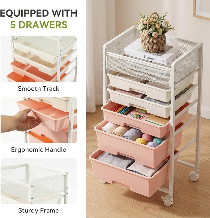 Stylish Rolling Craft Cart with Wheels and 5 Drawers, Art Cart Organizer and Storage, Rolling Storage Cart for Organizing Crafts, Yarn, Toys, School Supplies, etc