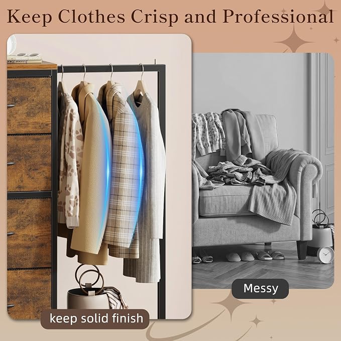 HIGDBFE Tall Dresser 44''H with Hanging Rack, 4 Drawers Small Closet Dresser for Bedroom, Reversible Fabric Chest of Drawers with Clothes Rack, Tall Storage Tower, Sturdy Frame, Rustic Brown