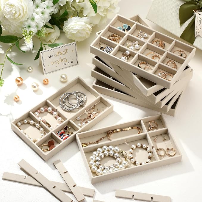 Highergo 8 Pcs Velvet Jewelry Trays Stackable Drawers Organizer Ring Earring Bracelet Necklace Storage Trays, 8.3x4.7x1''(12 Grids)