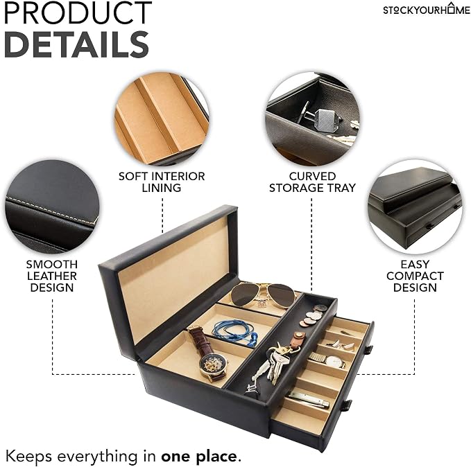 Stock Your Home Mens Valet Tray, Men's Jewelry Box, Night Stand Organizers and Storage, Bedside Table Organizer, Watch Box for Dresser, Faux Leather (Black & Beige)