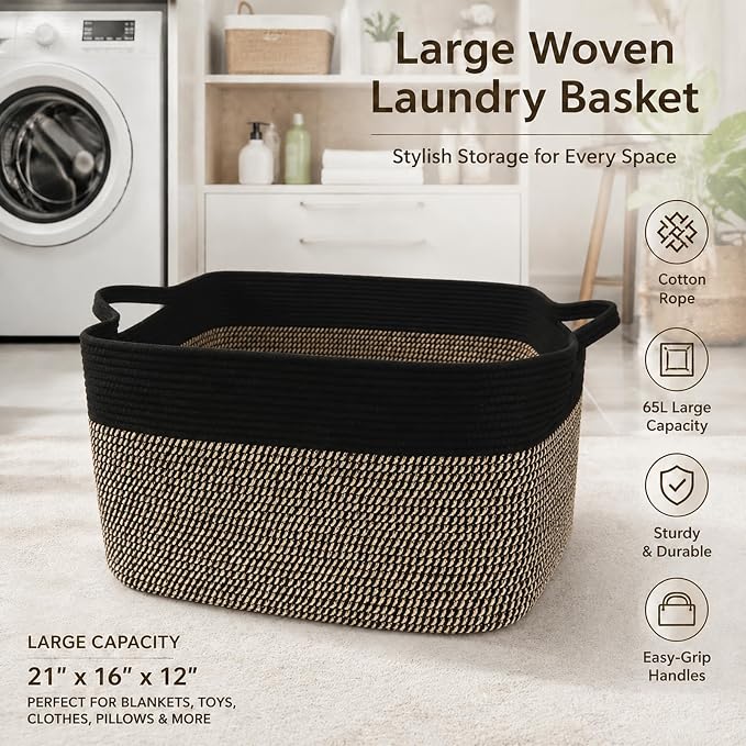 65L Collapsible Woven Rope Laundry Basket with Handles,Black/Jute | 21x16x12 Foldable Rectangular Blanket Basket for Toys, Clothes & Pillows,Ideal for Nursery, Bathroom, Bedroom, Living Room