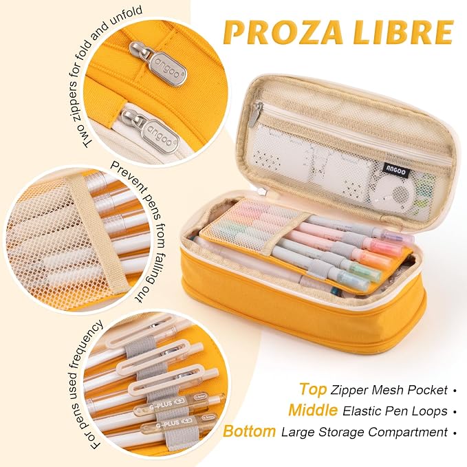 EASTHILL Big Capacity Pencil Pen Case Office College School Large Storage High Bag Pouch Holder Box Organizer Yellow Orange