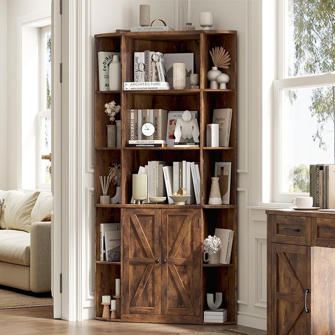 Vabches Corner Storage Cabinet, Farmhouse Storage Shelf with Bottom Cabinet, 67” Tall Corner Bookshelf with Barn Doors and Adjustable Shelf for Study, Living Room and Bedroom(Rustic Brown)
