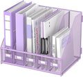 SUPEASY Desk Organizers Metal Desk Magazine File Holder with 5 Vertical Compartments Rack File Organizer for Office Desktop, Classroom, Home Workspace, Purple Plus