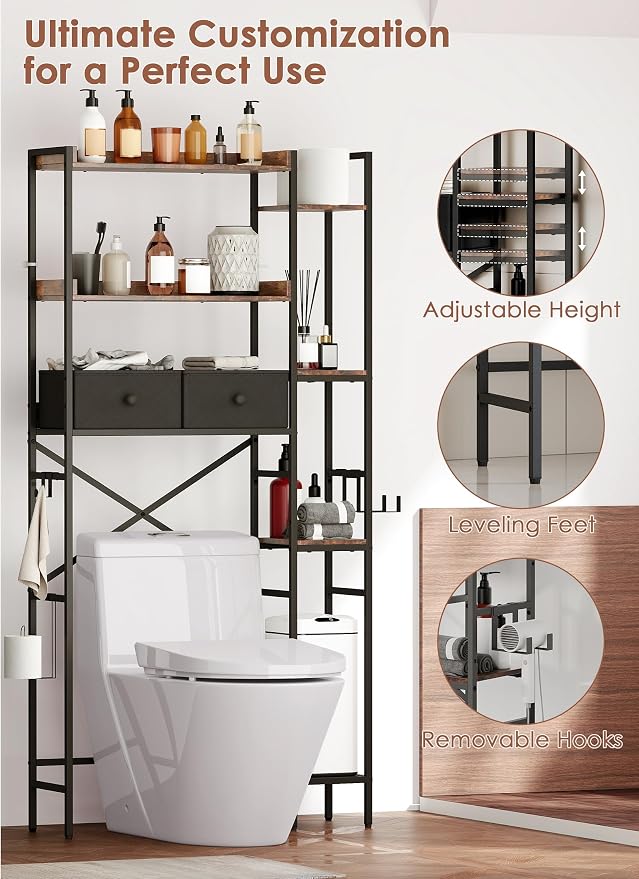 Over The Toilet Storage Rack, 7-Tier Over Toilet Bathroom Organizer with Adjustable Shelf, Above Toilet Storage with Hooks, Space-Saving, Brown Shelf