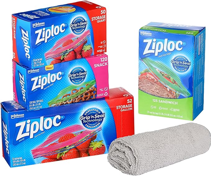 PURPUR Microfiber Cloth Variety Food Storage Bag Pack, 347 Bags Total - Gallon, Quart, Snack, Sandwich Sizes - Stay Open Design, Grip n' Seal, Reusable, Plastic and Microfiber Construction, Pink