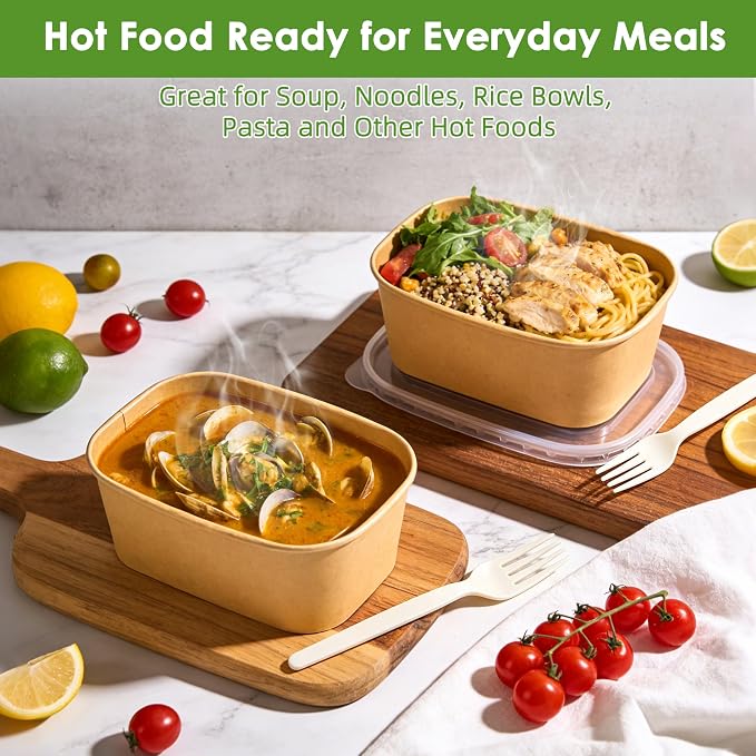 50-Pack 30oz Disposable Meal Prep Containers with Lids and Forks, Compostable Kraft Paper Bowls To Go, Microwave & Freezer Safe Food Containers for Hot Soup, Cold Dessert, Lunch, Takeout