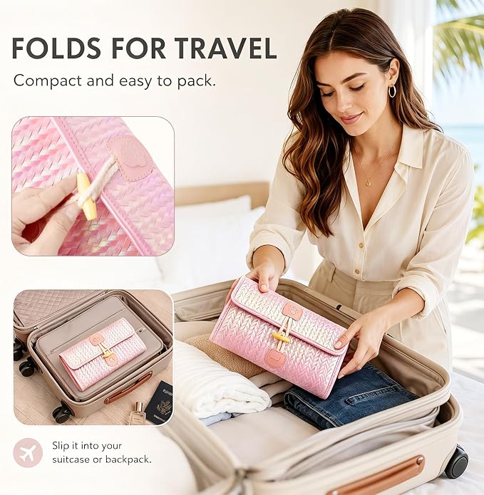 32-Pocket Hanging Jewelry Organizer and Foldable Travel Roll | Clear Zippered Pockets, Necklace Clasps, Swivel Hook and Carry Buckle Keep Pieces Visible and Tangle-Free, Pink
