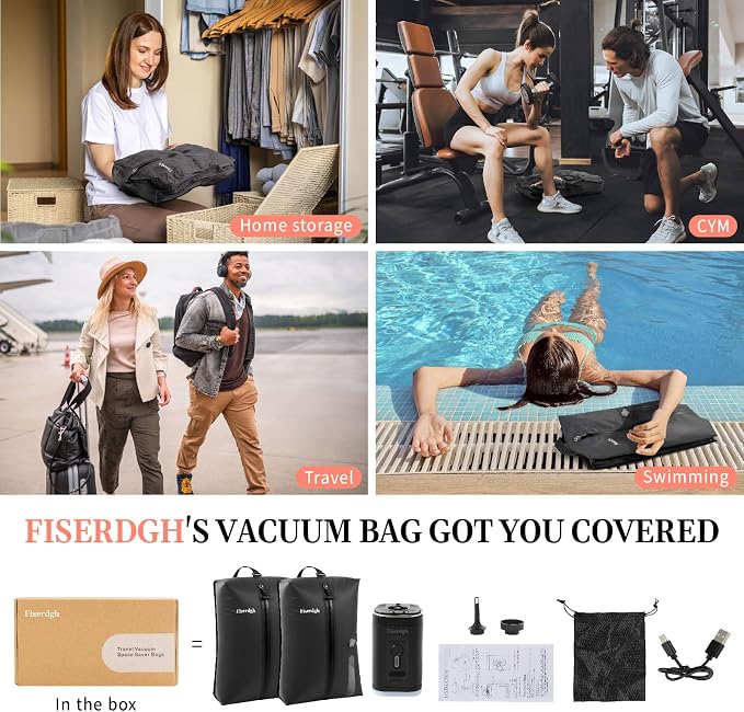 Travel Sealed Compression Bag Set with Illuminated Electric Pump | Odor-Proof and Waterproof Nylon Portable Bags, Space-Saving, Suitable for Onebag Travel, Cycling Trips, Dry/Wet Separation