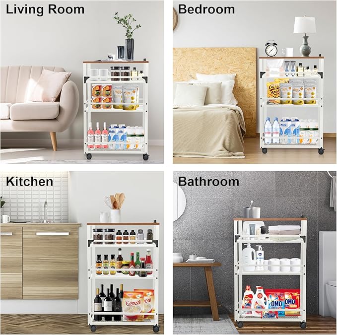 2026 New, Slim Kitchen Storage Cart, 3 Tier Metal Rolling Utility Cart Mesh Basket, Multifunction Wire Basket Shelf Trolley for Home Laundry, Bathroom, Living Room, White