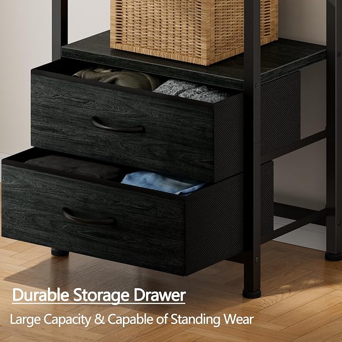 Furnulem 5-Tier Tall Corner Shelf, Narrow Bookshelf with Drawers | 65.16" H Black Bookcase,Fabric Bins and Metal Frame,Wood Display Shelf for Bedroom,Living Room,Home Office. Easy to Assemble