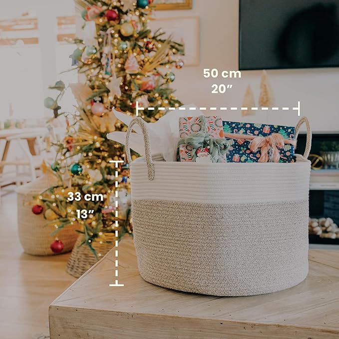 OrganiHaus Large Woven Storage Basket for Blankets and Toys 20" x 13" Inch, Rope Laundry Basket with Handles, Cushions & Pillows Storage Bin, Nursery Hamper, Soft Round Dog Toy Bin - Brown/Off-White