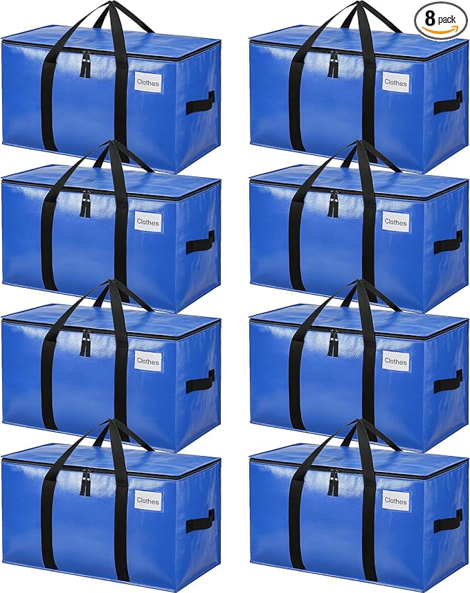 BAGAIL Heavy Duty Moving Bags with Strong Handle, Extra Large Moving Boxes, Storage Tote for Clothes, College Moving Supplies(Blue, 8 Pack)