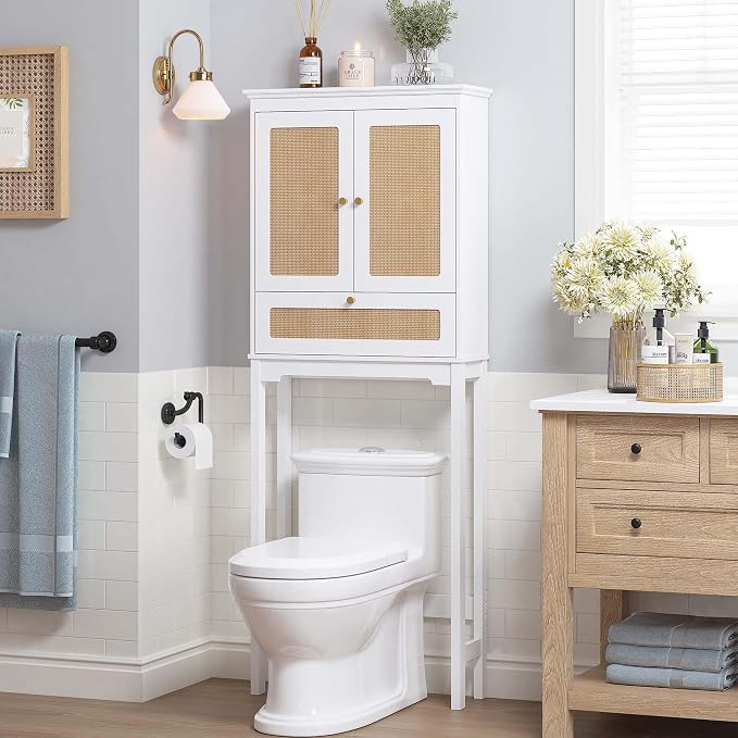 Spirich Over the Toilet Storage Cabinet with Hand-Woven Rattan Doors, White | Tilt-Out Storage Cube, Adjustable Shelf, 33-Inch Toilet Clearance, Anti-Tip Bracket, Bathroom Organizer for Toiletries
