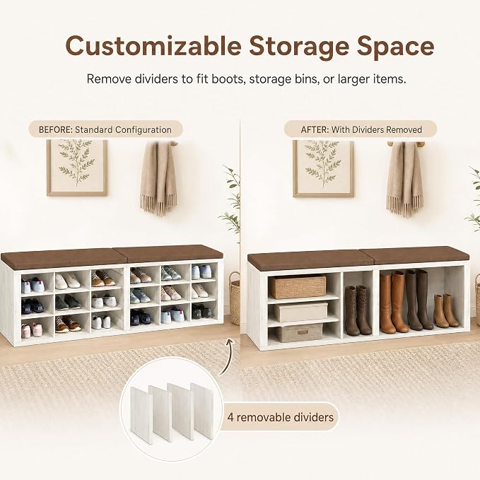 Shoe Storage Bench with Padded Seat, 18-Cubby Shoe Organizer for Entryway, 59.1" Long 700 lb Capacity, for Living Room, Bedroom, Hallway (Whiteboard with Warm Earthy Brown, Linen, Sponge)