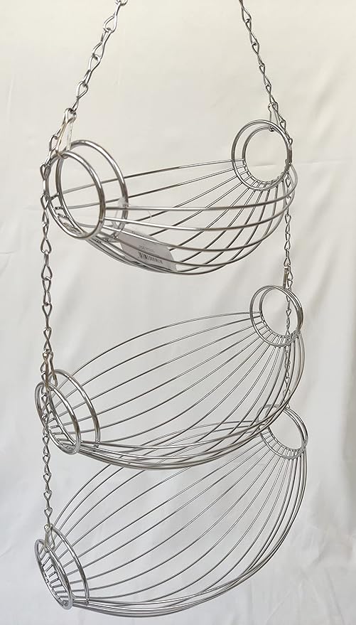 3 Tier Fruit Bowl Fruit Basket for Kitchen, Hanging Kitchen Storage Organizer, Detachable Design Chrome Wire with Metal Ceiling Hook Multipurpose Countertop Organizer for Vegetables Fruits Plants