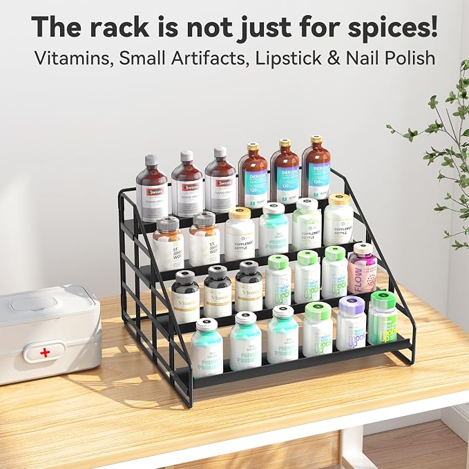 Bunoxea 4 Tier Adjustable Spice Rack for Cabinet & Countertop, Black 2Pack | Depth Adjustable,Anti-drop Guard Rail,Tiered Cabinet Organizer,Holds 24+ Jars,for Cabinet, Pantry & Kitchen Countertop