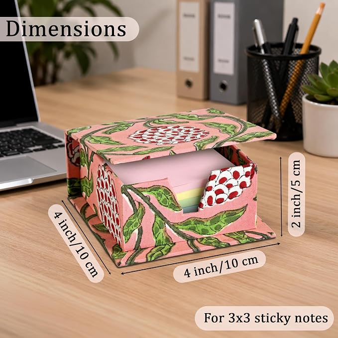 Ridhi Block Print Strawberry Pink Sticky Note Holder Box for Desk, Aesthetic Memo Pad Organizer, Sticky Note Box Decorative Office Accessory, Stationery Gift for Teachers, Students, Professionals