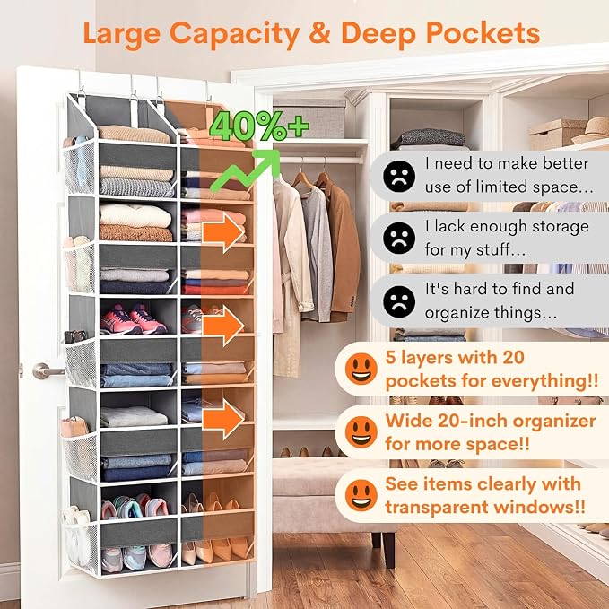 Ofiray-home 5-Tier Over Door Organizer, 10-Compartment Wide Storage Rack | 20" wide, 80 lbs for heavy family use, 10 side pockets, fits doors for closet, nursery, entryway, dorm, RV, laundry room