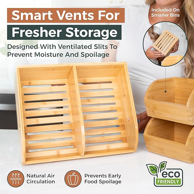 Potato and Onion Storage Bin for Pantry and Kitchen Counter - Ventilated Stackable Bamboo Organizer Baskets with Handles