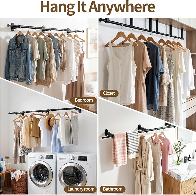 Luxspire Wall Mounted Clothes Rack, Industrial Pipe Clothing Rack, 41" Heavy Duty Extendable Iron Garment Bar, Multi-Purpose Hanging Rods for Clothes Bedroom, Laundry Room, Closet 1 Pack, Black