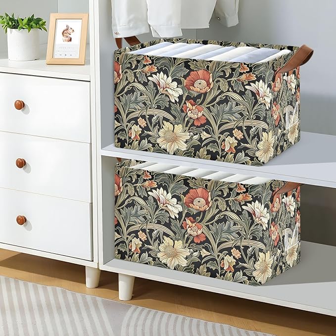Vintage Cottage Sage Green Floral Green Black Storage Bins for Shelves with Labels&Handles Fabric Organizer Bin Foldable Rectangle Storage Basket Boxes for Closet, Bathroom, Home, Living Room