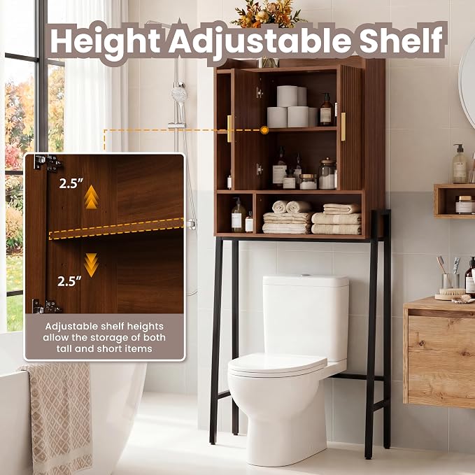 31" W Over The Toilet Storage Cabinet with Fluted Door,Bathroom Organizers and Storage with Adjustable Shelves, Mordern Over Toilet Organizer for Bathroom,Restroom,Laundry,Walnut