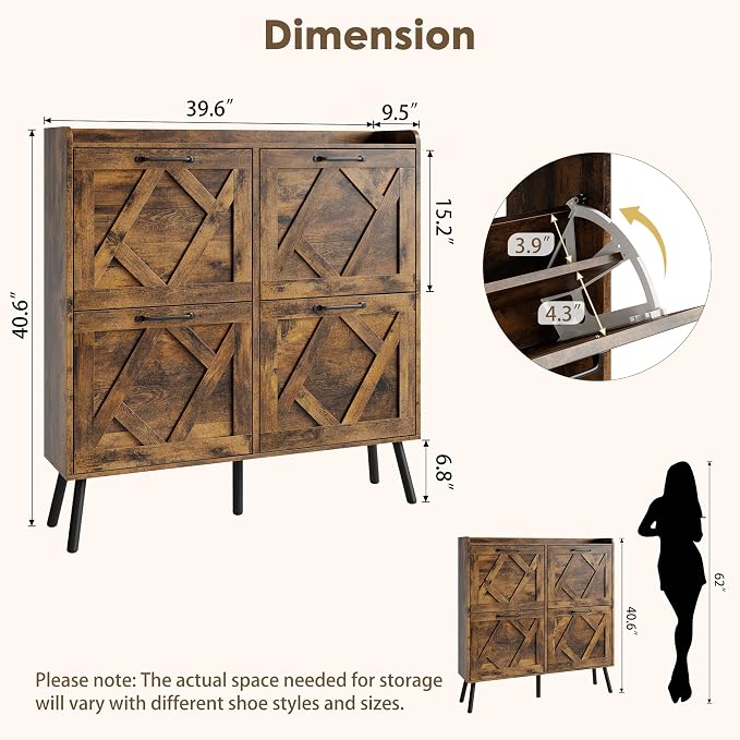 Nicetree Shoe Cabinet Storage for Entryway, Freestanding Shoe Storage Cabinet, Farmhouse Narrow Shoe Rack Cabinet for Entryway, Foyer, Hallway, Shoe Cabinet 4 Flip Drawers