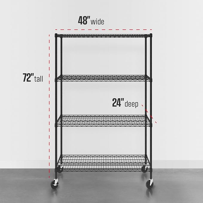 SafeRacks NSF 4-Tier Heavy Duty Steel Wire Rack w/Wheels (24"x48"x72")