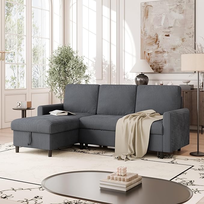 Vongrasig Pull Out Couch, Small Sleeper Sofa with Storage, 77" L Shaped Convertible Sofa Bed with Corduroy Fabric for Small Living Room, Apartment, Dark Grey