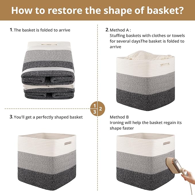 OIAHOMY 13 Inch Cube Storage Bins, 3-Pack Cotton Rope Woven Baskets for Organizing, Insert Storage Baskets for Shelves, Baby Nursery, Closet Organizer, 13 * 13 * 12.6IN, Gradient Gray