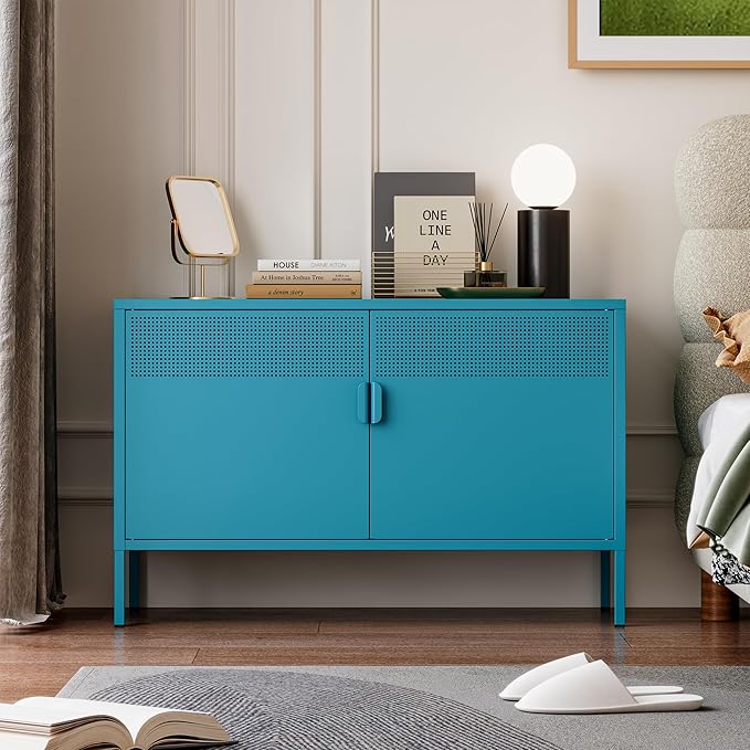 Ustamio Blue Metal Storage Cabinet with Doors and Shelf, 2 Door Locker Storage Cabinet for Home and Office, 2 Tier Low Metal Tv Stand Cabinet
