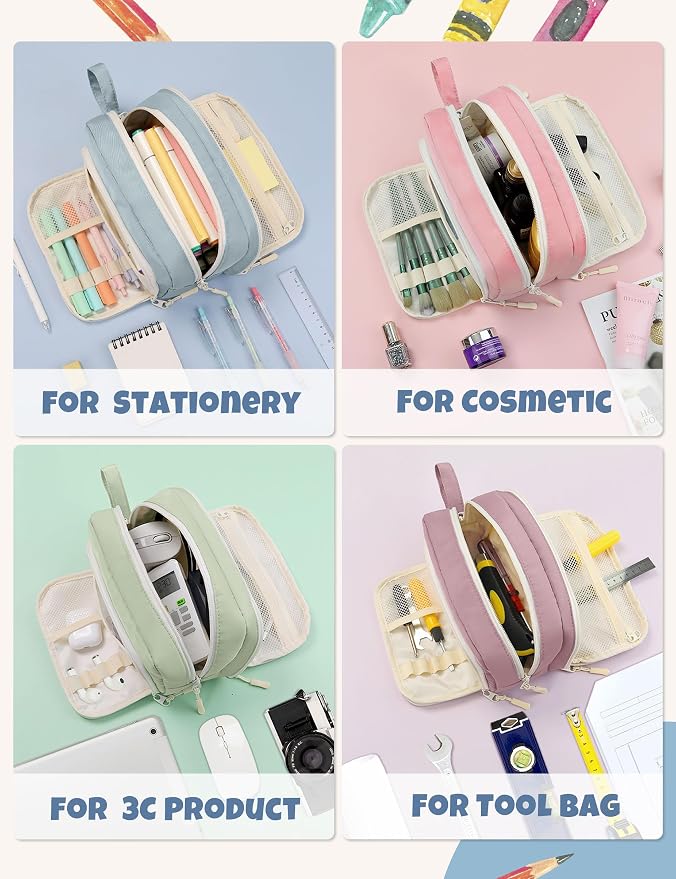 SUNEE Large Pencil Case, Big Capacity Pen Pouch with 3 Compartments, Kawaii Cute Pencil Bag with Zipper, High Storage Stationery Holder and Organizer, School Supplies for Teen and Adult Girls, Blue
