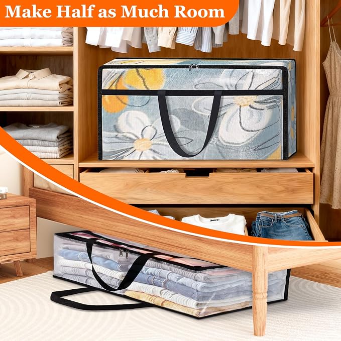 TasticTotes 6 Pack Clear Storage Bags for Comforter, 90L Long | Plastic Blanket Storage with Zipper & Handle, Foldable Moving Bags, Closet Organizer and Under-Bed Storage Containers