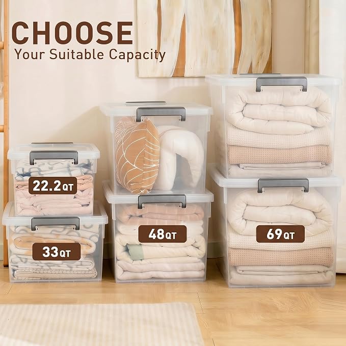 Citylife 48 Qt Ultra-Thick (3.82mm) Clear Plastic Storage Bins with Lids, 4-Pack Stackable Straight-Wall Closet Organizers with Honeycomb Base & Pinch-Free Latches for Garage, Clothes & Holiday Decor