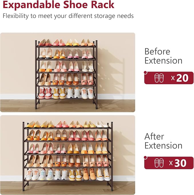 Tajsoon Expandable Shoe Rack for Closet 5 Tier, 28“-41“Stackable, Bronze | Adjustable Shoe Organizer Closet Shoe Rack Floor, Metal Shoe Shelf Storage for Entryway, Closet, Garage, Front Door Entrance