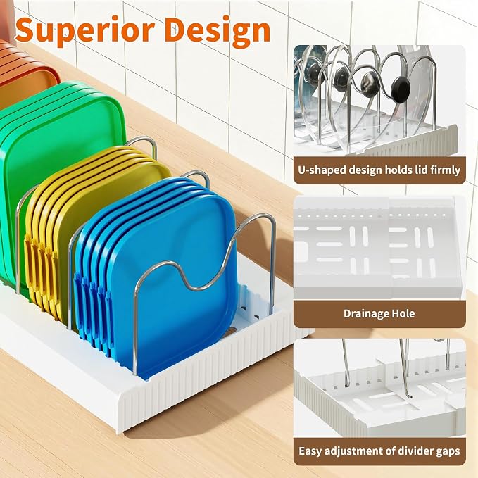 Antigo 2 Pack Expandable Pots and Pans Organizer, lid organizer | 9 Adjustable Stainless Steel Dividers，For Kitchen Countertop Cabinet and Pantry, For Food Container lid, 12.6"-22.4" Wide