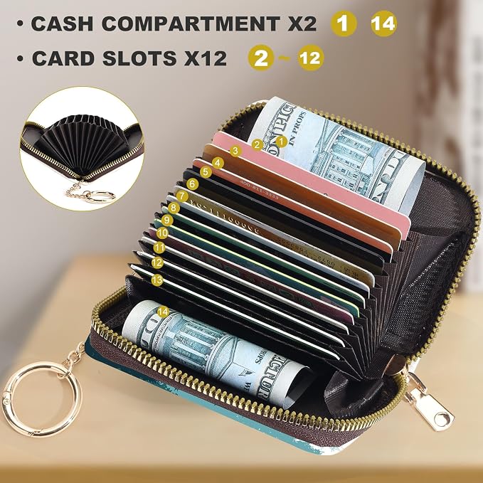 Credit Card Holder for Women,Small Rfid Wallet with Keychain Zipper,Cute PU Leather Card Case Wallet，Accordion Credit Card Wallets Gift,Forest Silhouette