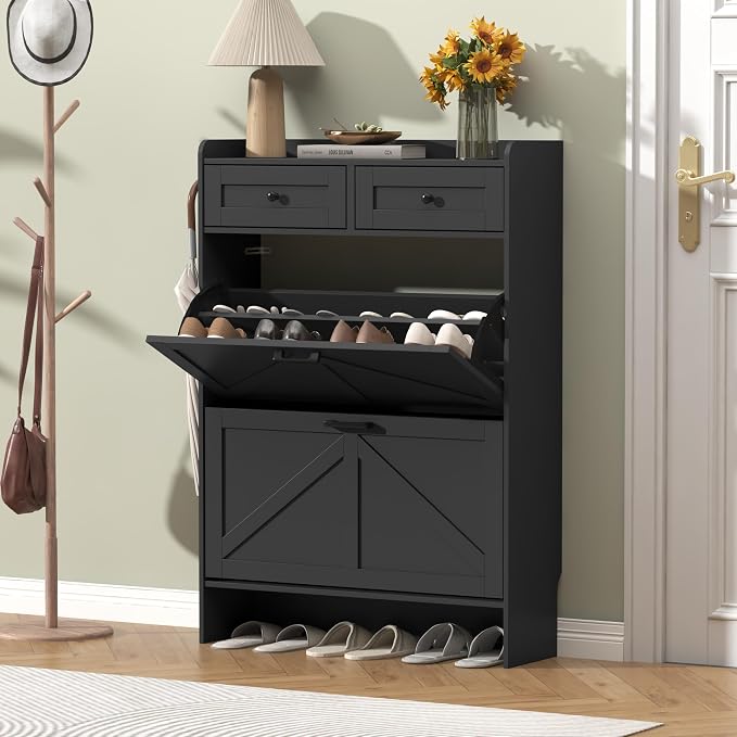 Thacuok Black Shoe Cabinet with 2 Flip Drawers & 2 Storage Drawers, Rustic Farmhouse Narrow Shoe Organizer Cabinet, Slim Shoe Rack Cabinet, Shoe Storage Cabinet for Entryway, Hallway