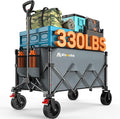 Blomoba Collapsible Wagon Cart with Wider Wheels, 330lbs Heavy Duty Foldable Beach Wagon with Auto-Rebound Handle, 180L Utility Grocery Shopping Cart for Garden, Shopping, Camping, Sports, Gray