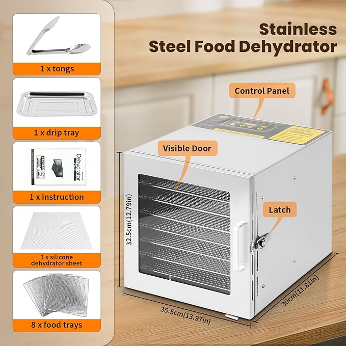 FAHKNS Food Dehydrator Machine, 8 Stainless Steel Trays, 700W Dehydrated Dryer, 190ºF Temperature Control, 24-Hour Timer, Dryer for dried meats, herbs, meats, beef, fruits and vegetables