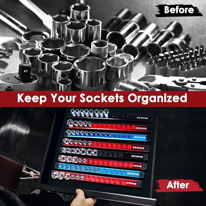 PINOZE 1/4" Magnetic Socket Holder Organizer - Aluminum Alloy Socket Rail Tray for Tool Box Drawer, Socket Rack with Extra 2Pcs Replacement Clips for Automotive Garage(Blue)