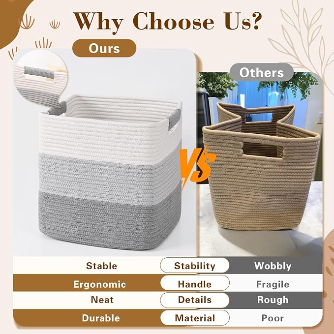 13 Inch Storage Cubes, 3 Pack Cube Storage Bins for Organizing, Cotton Rope Woven Baskets for Shelves, Bathroom, Kids Room, Closets, Baby Nursery