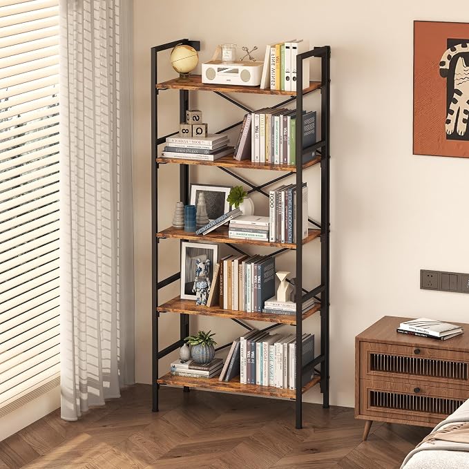 Homeiju Folding Bookshelf,5 Tier Bookcase Foldable Shelf with X-Bracket Design, Adjustable Feet, Space Saving Storage for Living Room, Office, Rustic Brown