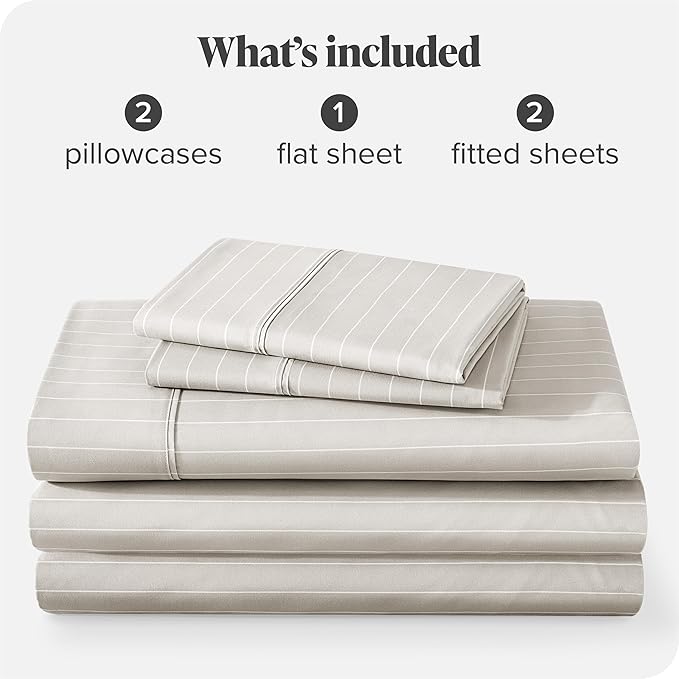 Bare Home Split King Sheet Set - 1800 Ultra-Soft Microfiber Bed Sheets - Double Brushed - Deep Pockets - Easy Fit - 5 Piece Set - Bed Sheets (Split King, Pinstripe - Stone/White)
