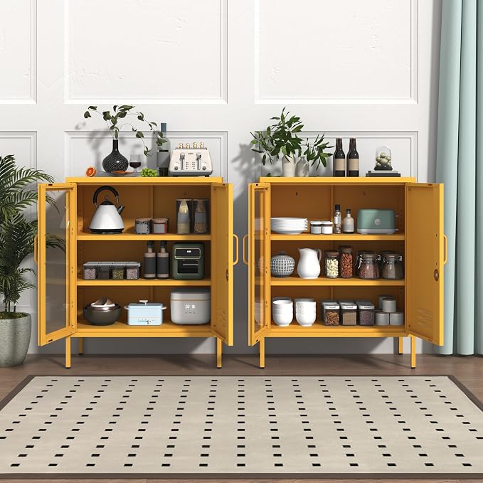 Metal Storage Sideboard with Lock, 33" H 2 Door Storage Cabinets with Adjustable Shelves, Durable Metal Accet Cabinet for Living Room Bedroom Entryway Yellow