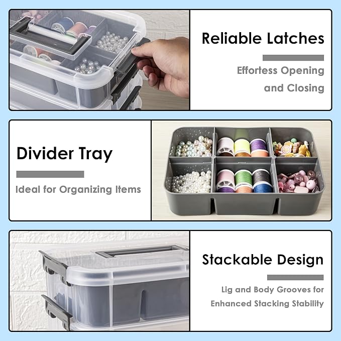 CraftGenes Craft Organizers and Storage, 4-Tier 10 Qt Box, 2 Trays, Grey | Clear Compartments; Dual Removable Inserts; Carry Handle; Side Latches; Beads, Ribbon, Stamps, Scrapbook Pieces, DIY Tools