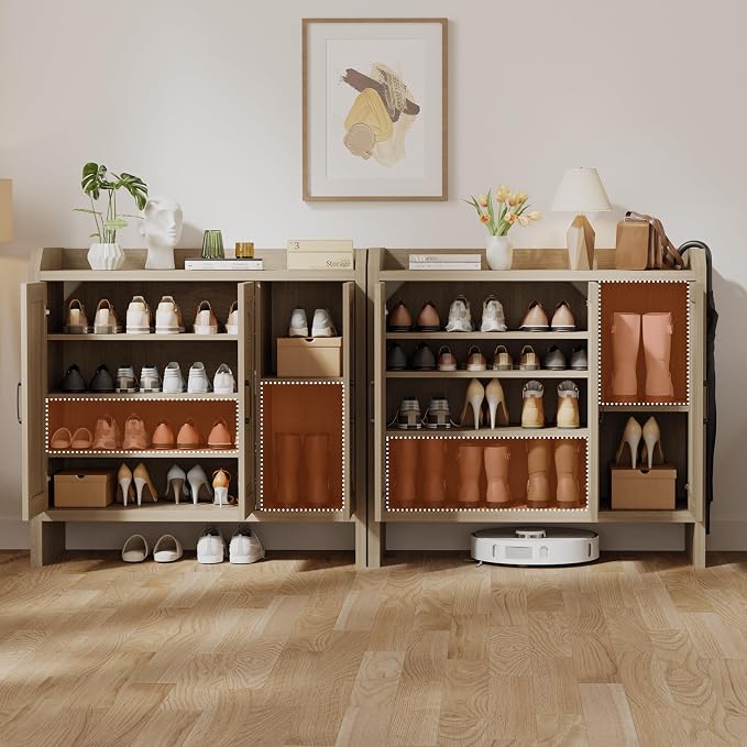 Mericonia Rattan Shoe Storage Cabinet, Farmhouse Shoe Cabinets Storage for Entryway, Boho Wooden Shoe Rack with 3 Doors for Entryway, Hallway (Oak, 3 Door)