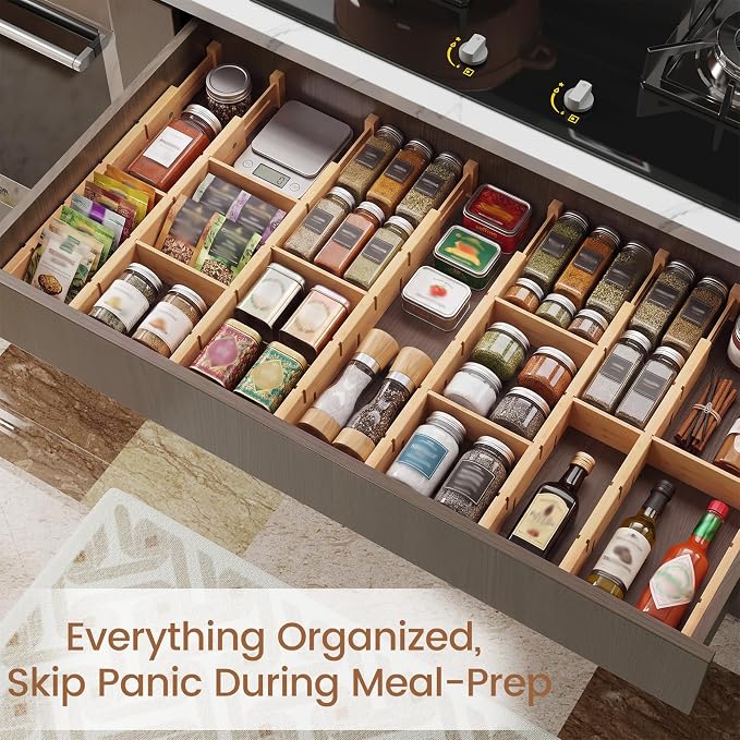 Bamboo Drawer Dividers 4 Pack with Inserts, Kitchen Adjustable Drawer Organizers for Home, Bedroom, Dresser, Expandable Organization 4 Dividers with 8 Inserts